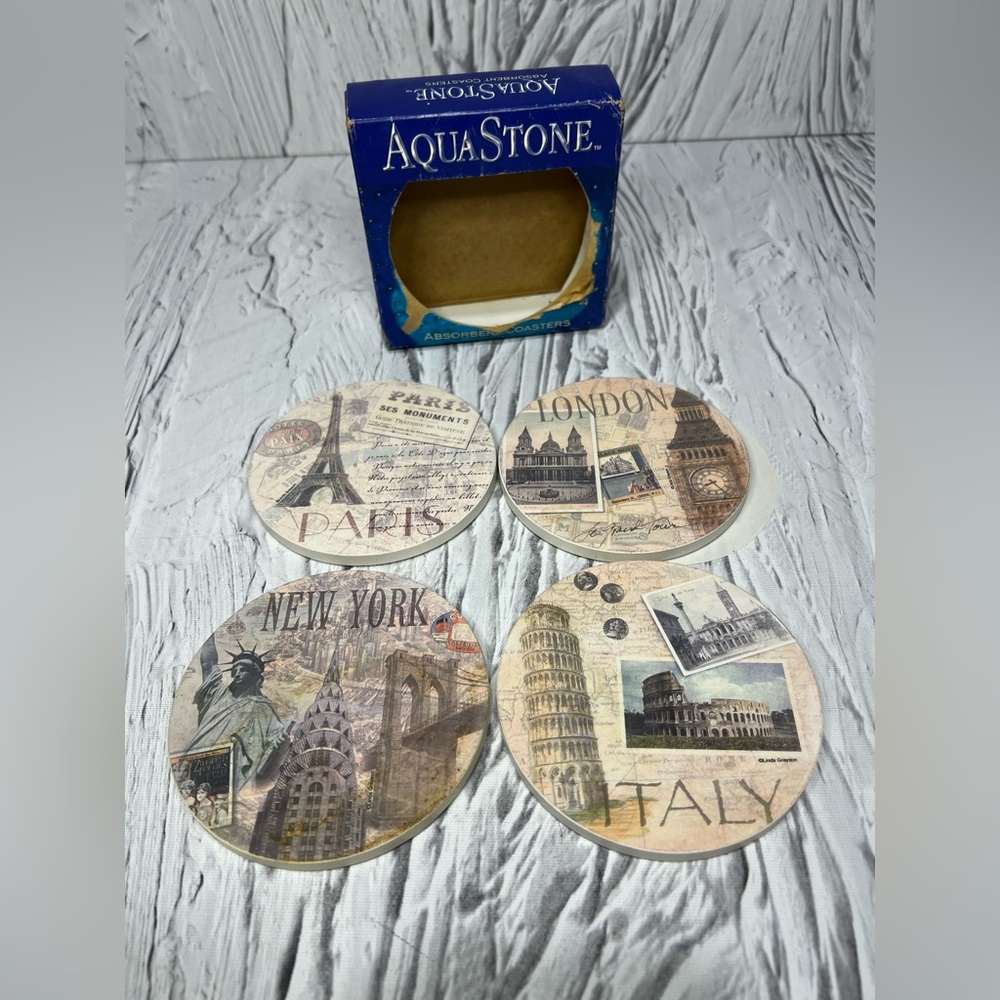 Vtg AquaStone Wolf Coasters Set of 4 Absorbent Cork Back World Cities Open box
